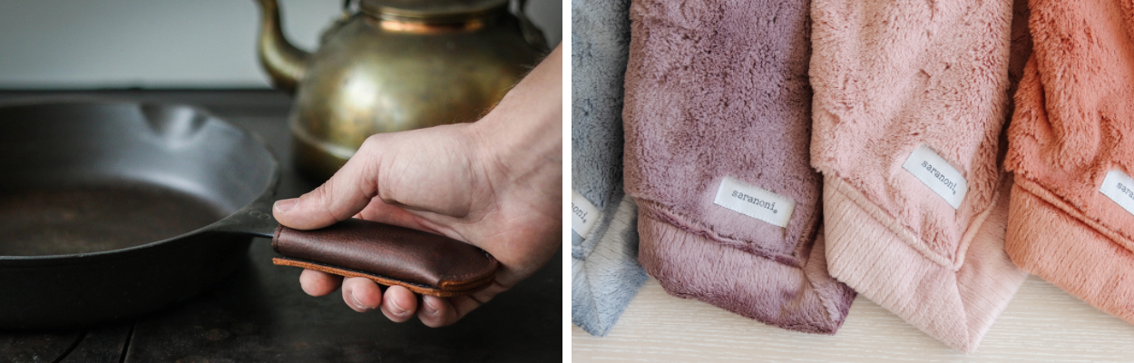 Side by side images of cast iron skillet with leather handle and close-up of fuzzy pastel colored blankets. 