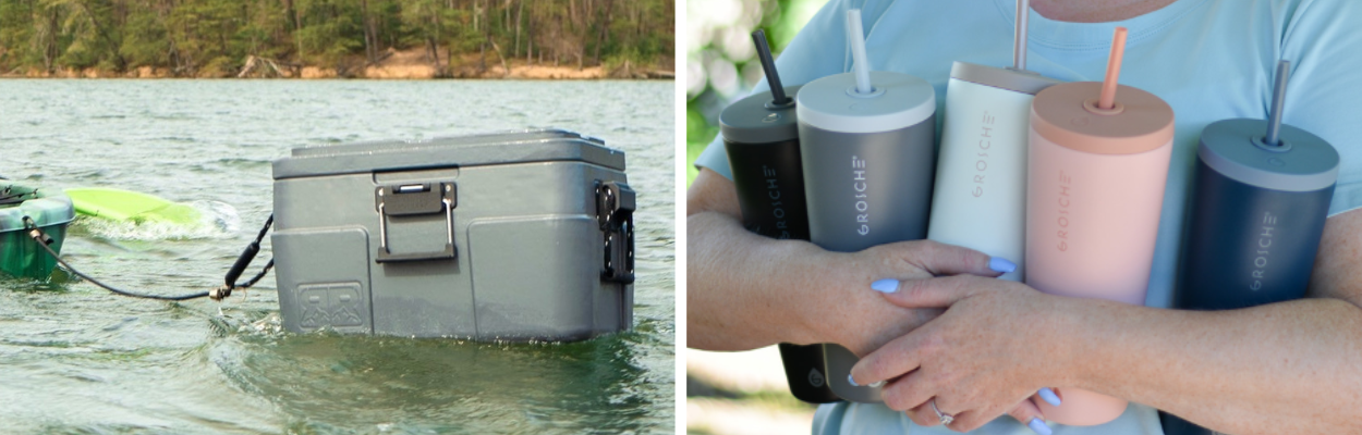 Side by side images of Rugged Road Cooler and Grosche drinkware. 